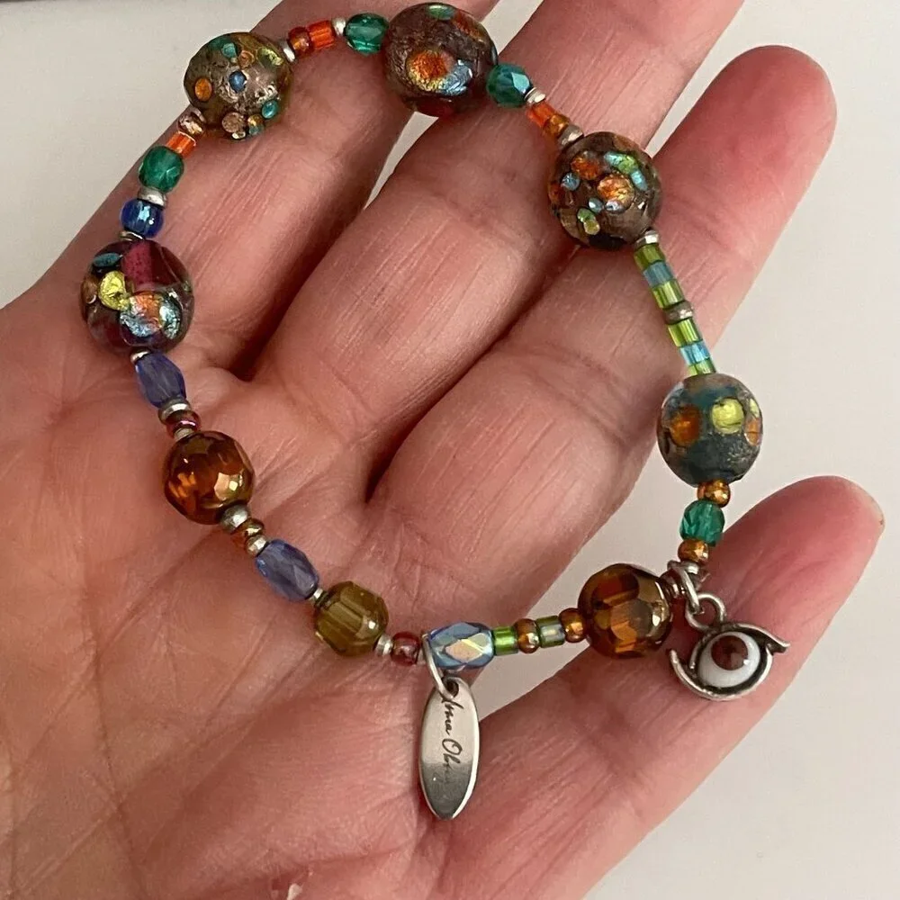 Irma Obregón Sterling Silver Evil Eye Lampwork Bead Handmade Stretch Bracelet OS